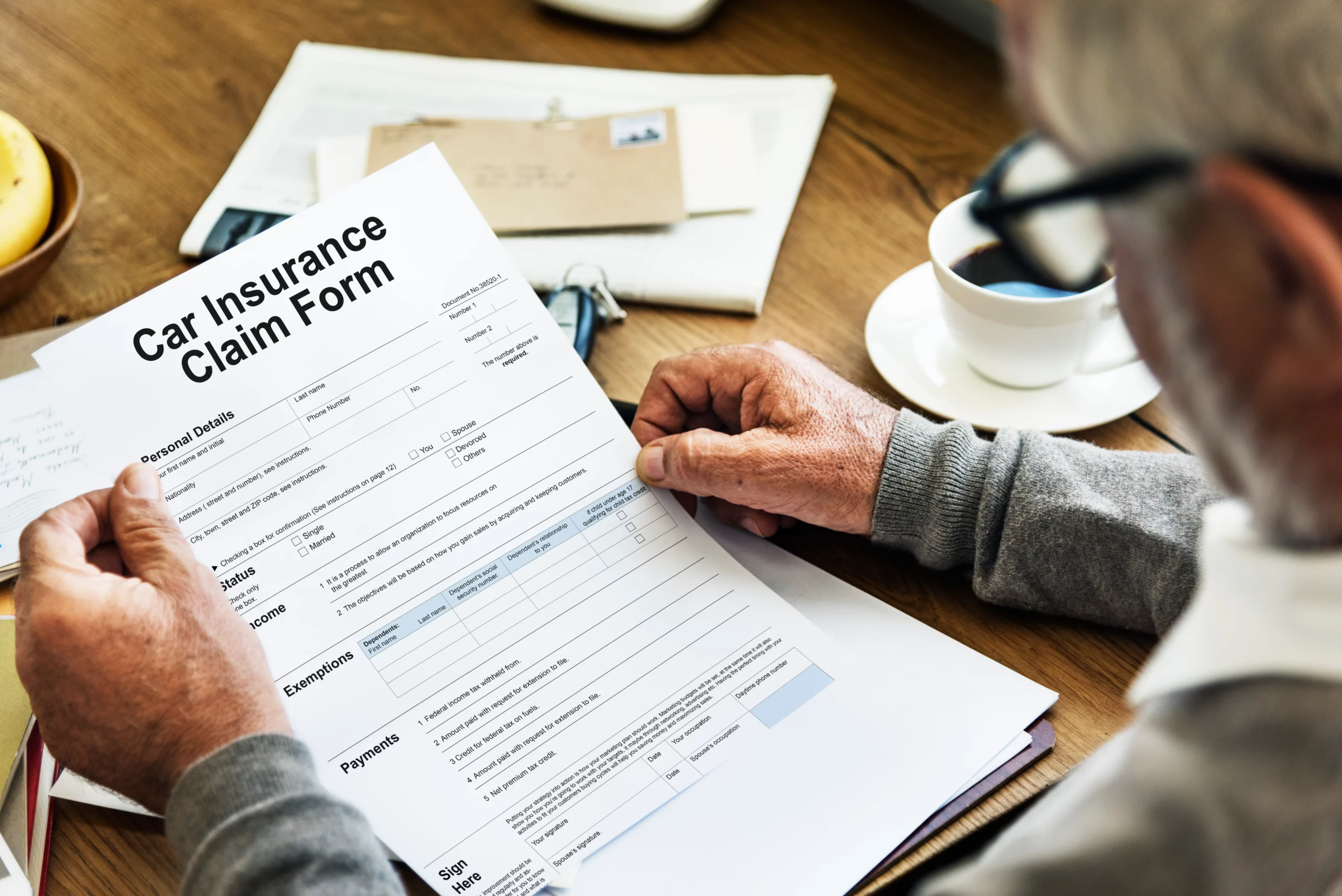 Older adult reviewing auto insurance documents to find ways to lower car insurance premiums in Georgia.